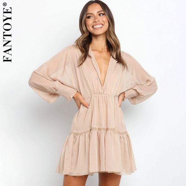 

fantoye chiffon lace v neck bodycon dress for women fashion sweet long sleeve mini dresses partywear femme 2021 spring vestidos c0129, Black;gray