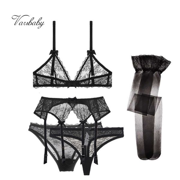 

varsbaby lace wire unlined lingerie set bra+panties+thongs+garter+stockings 5 pcs lj201210, Red;black