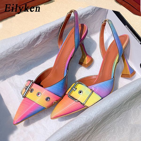 

eilyken 2020 new buckle strap mules summer women pumps shoes spike high heels pointed toe rainbow dress shoes size 41 42 t200525, Black