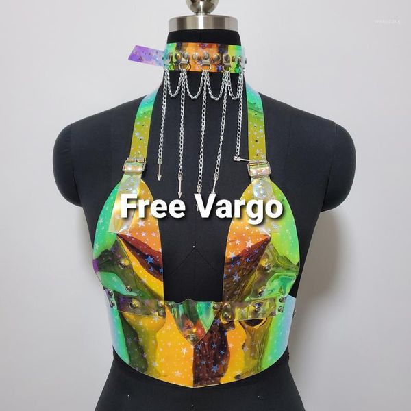 

burning man holographic pu body harness bra rave body chain collar costumes music festival singer dancer outfits clothes1, Black;red