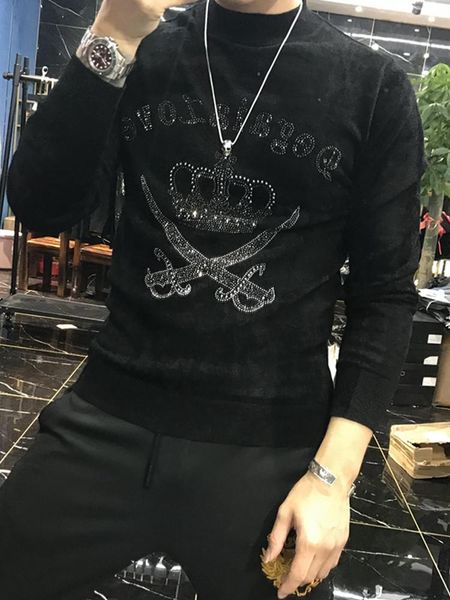 

2021autumn men's fashiondrilling crown o collar comfortable slim sweater, White;black