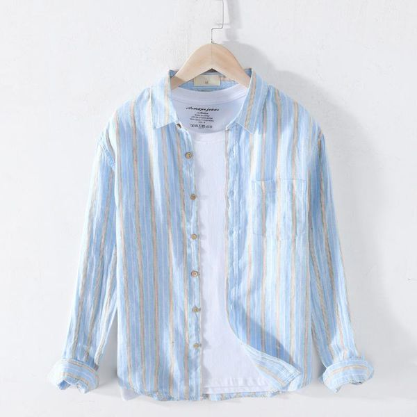 

2020 spring summer new pure linen shirts men vertical striped long sleeve breathable plus size shirt y26581, White;black