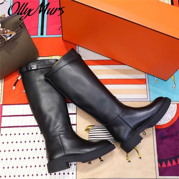 

real leather boots women brand design long boots flat heel shoes women round toe luxury designer runway shoes woman, Black