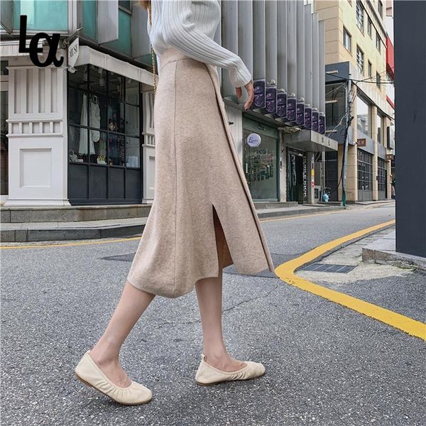 

2020 winter women skirt elastic waist knitted skirt female warm a-line split mid-length skirts sweater midi, Black