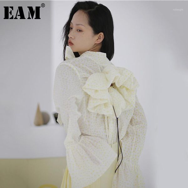 

eam] women hollow out dot temperament blouse new stand collar long sleeve loose fit shirt fashion spring autumn 2020 1r6811, White