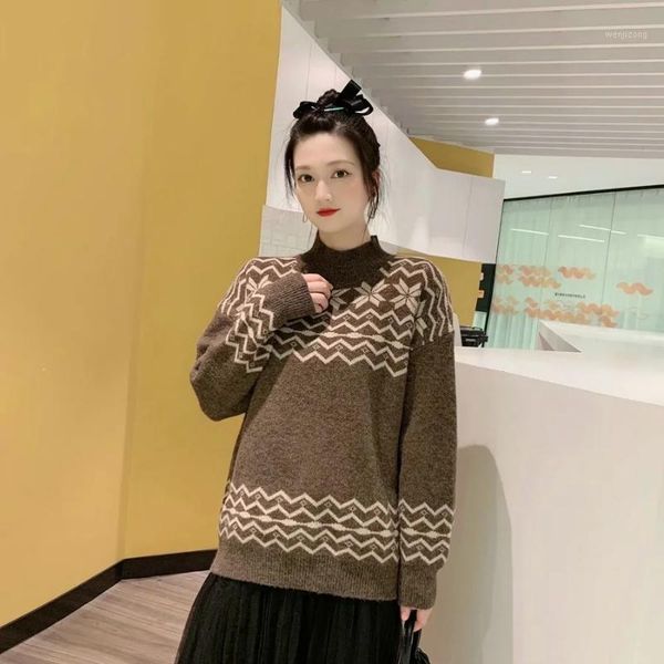 

2020 new autumn winter women sweater half high neck fashion print vintage female long sleeve loose casual pullovers kintted1, White;black