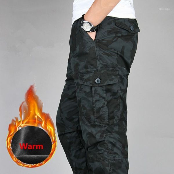 

men's waterproof winter cargo pants fleece thick warm pants double layer multi pockets casual baggy tactical trousers1, Black