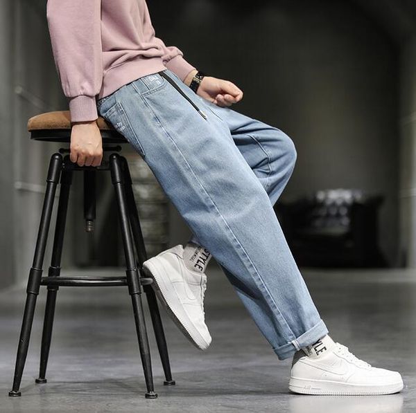 

men's jeans straight solid color wide-leg pants trousers casual overalls, Blue