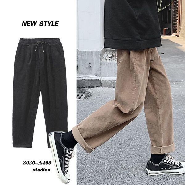 

autumn drawstring corduroy pants men's fashion retro casual wide-leg pants men streetwear loose hip-hop straight mens1, Black