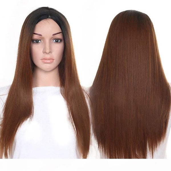 

4 color type long silky straight black roots ombre wig blonde brown gray green synthetic wigs heat resistant fiber