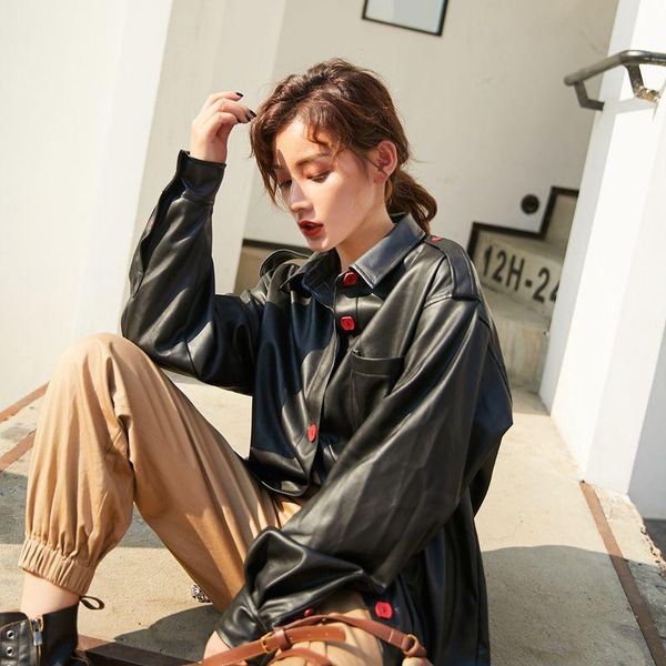 

women's leather & faux spring vintage black jacket women pu coat 2021 plus size red button motorcycle coats streetwear
