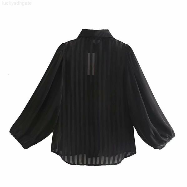 

women vintage stylish blouses striped organza 2020 fashion lapel collar lantern sleeve see through shirts blus, White