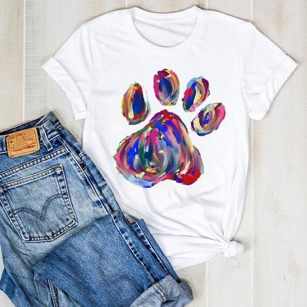 

women lady cartoon dog paw 90s cute printed fashion summer ladies t tee tshirt womens female shirt clothes graphic t-shirt, White