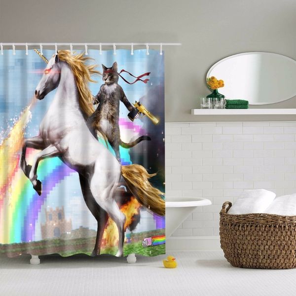 Svetanya Adventures of Unicorn and Cat, bedruckte Duschvorhänge, Badeprodukte, Badezimmerdekoration mit Haken, wasserdicht, 180 x 180 cm, T200711