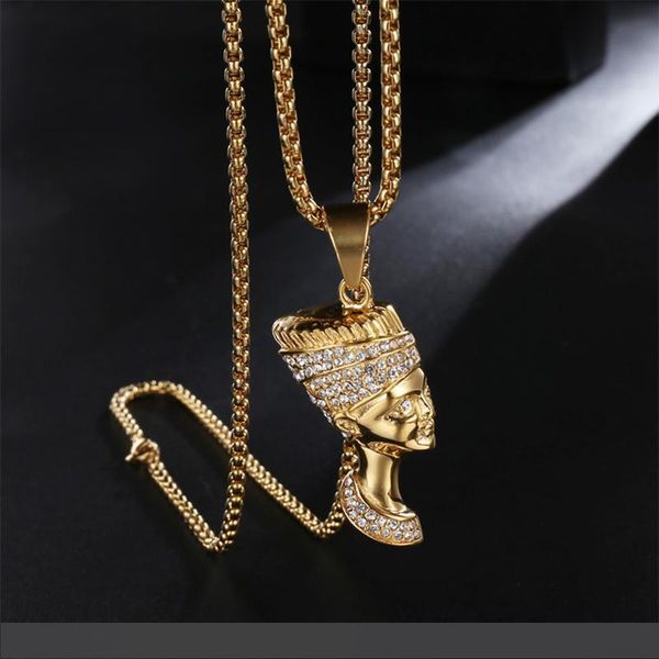 

HIP Hop Gold Color Stainless Steel Egyptian Queen Nefertiti Portrait Pendants Necklace Men Christmas Jewelry Gift