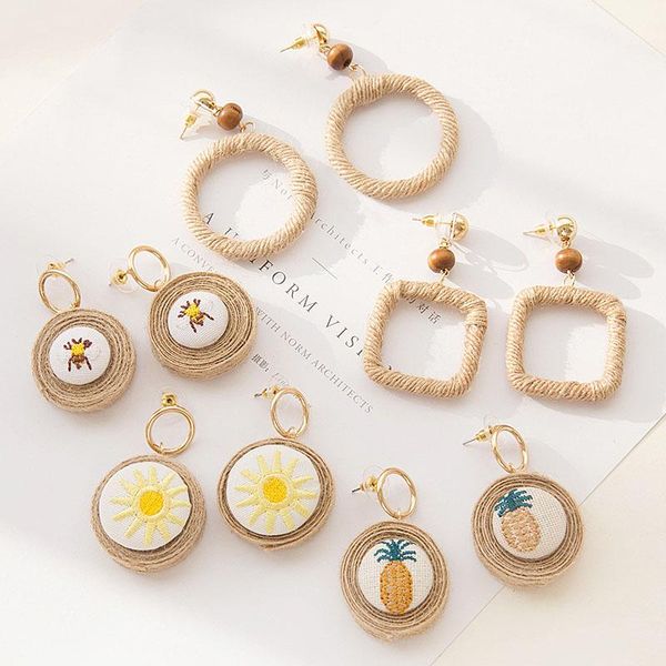 

new fashion bohemian linen weave geometric drop earrings for women boho handmade embroidery square round dangle earring jewelry, Silver