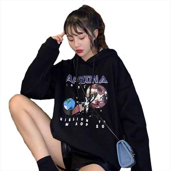 

new harajuku print hoodies arizona spac women casual long sleeve loose hooded sweatshirt autumn winter hoody pullover top, Black