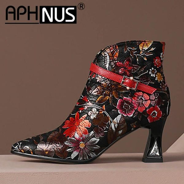 

boots aphnus womens flowers short ankle booties mid high heels pumps woman 2021 shoes for women boot, Black
