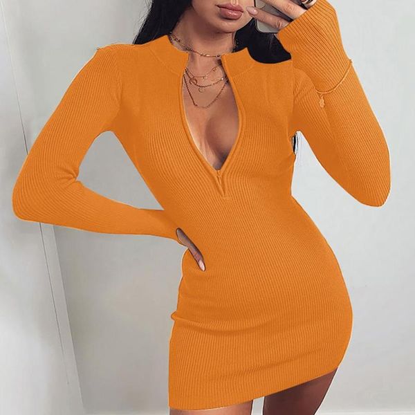 

women winter fall bodycon ribbed dress 2020 new stand collar zipper deep v-neck solid stretch bodycon pencil party mini vestido, Black
