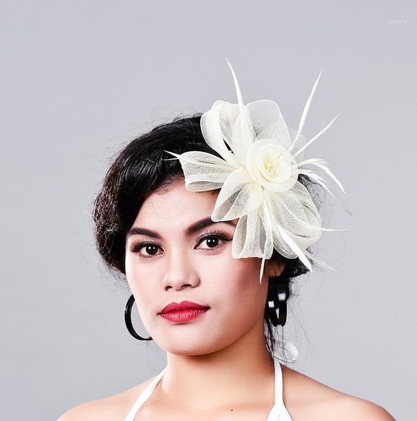 

elegant women fancy feather fascinator hat beige wedding party hats and millinery white net hair accessories for bridal ladies1