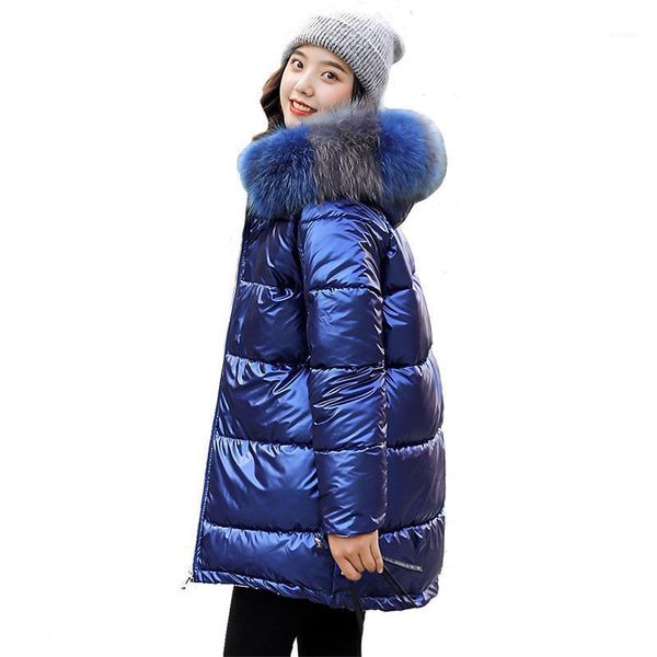 

new glossy parka women winter bright jacket cotton padded warm thicken big fur collar ladies long coats parka womens jackets1, Black