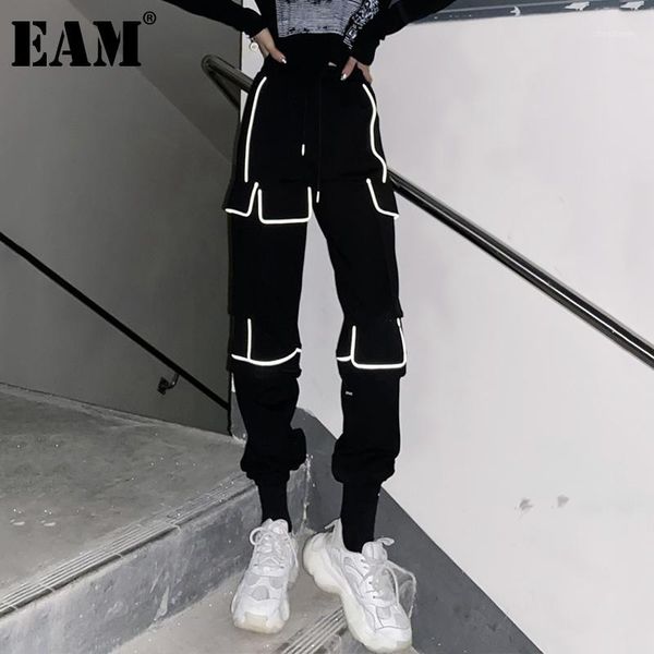 

eam] high elastic waist black pocket long wide leg trousers new loose fit pants women fashion tide spring autumn 2020 1db2691, Black;white