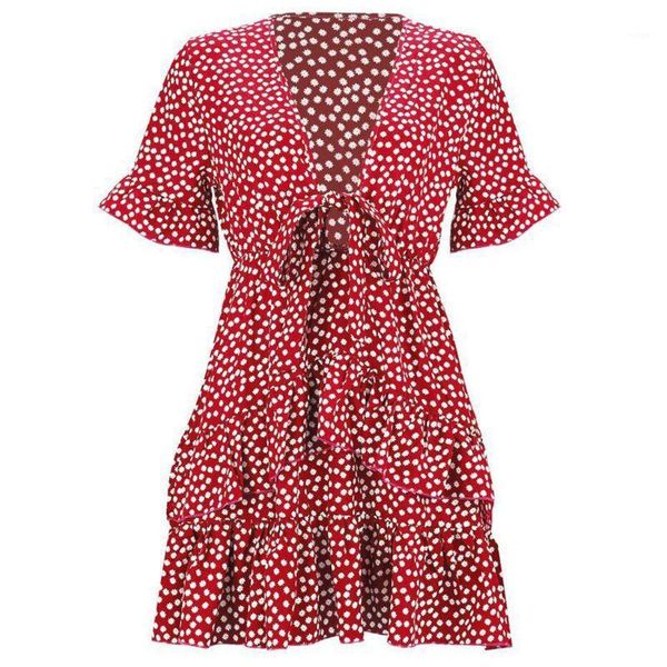 

women short sleeve v-neck swing dress floral ruffles knot front sundress 28gb1, Black;gray