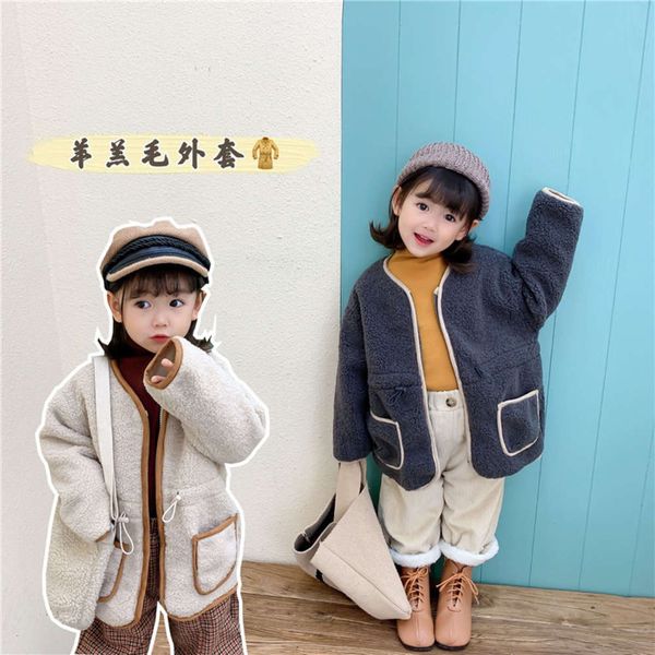 

lamb girls' 2020 winter coat new fur one wool sweater waist zipper shirt children's wear, Black