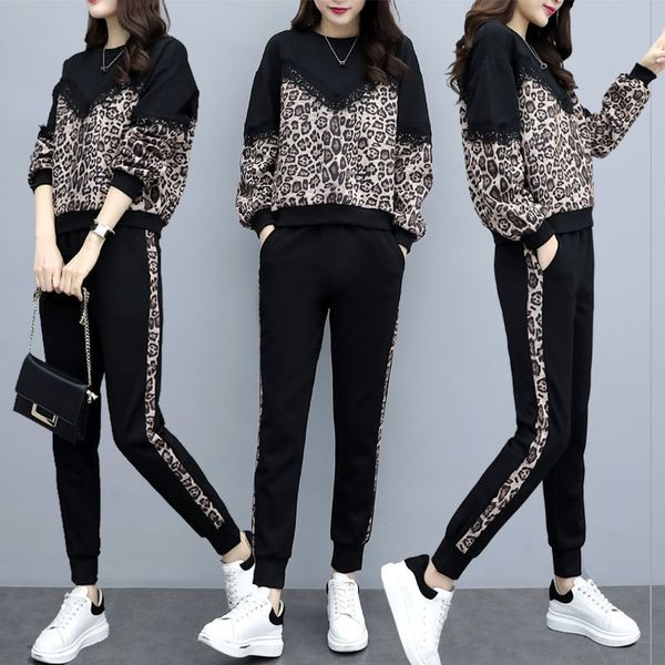 

big size women's fashion 2020 new spring and autumn leisure tight tight pants sports suit foreign style leopard print loose skinny pant, Gray