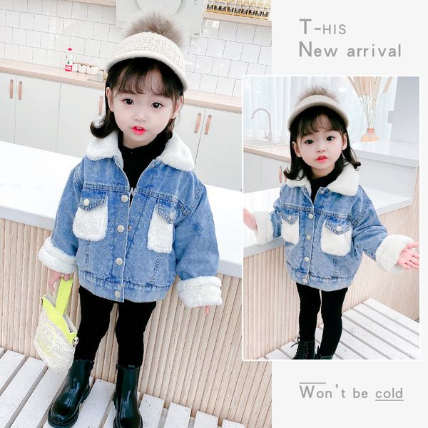 

kids designer clothes girlsnew thickened girl rabbit hair girl denim coat lamb wool splicing jacket in autumn and winter 2020, Blue;gray