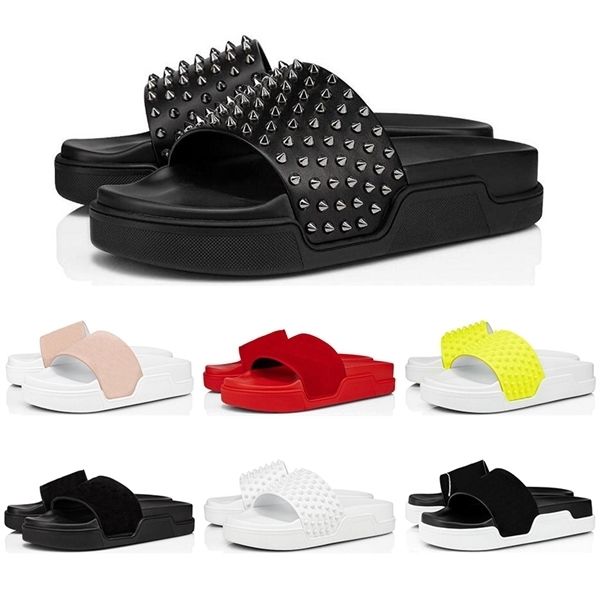 

красные нижние кожаные тапочки скольжения шлепанцы сандалии мужчины женщины красные нижние шипы летние мужские тапочки скользит домой открыт, Black