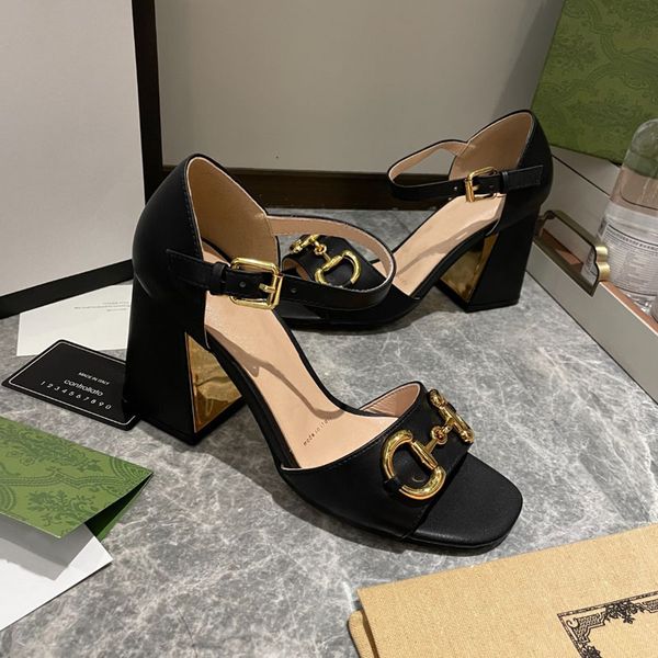 

women's chunky heels sandals real leather fashion 10cm woman shoes metal buckle parties luxury shoe size 35- 41 with box, Black