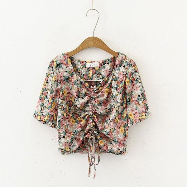 

women's blouses & shirts sweet girl floral print chiffon blouse women summer casual short sleeve drawstring v neck shirt, White