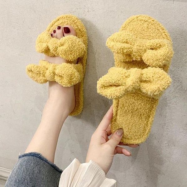 

woman bowtie slippers women's short plush slides women autumn winter home flats ladies fashion indoor female shoes plus size #kr6x, Black