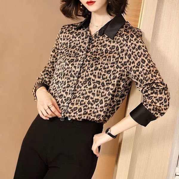 

women's blouses & shirts women spring summer style lady casual turn-down collar leopard printed long sleeve blusas zz0429, White