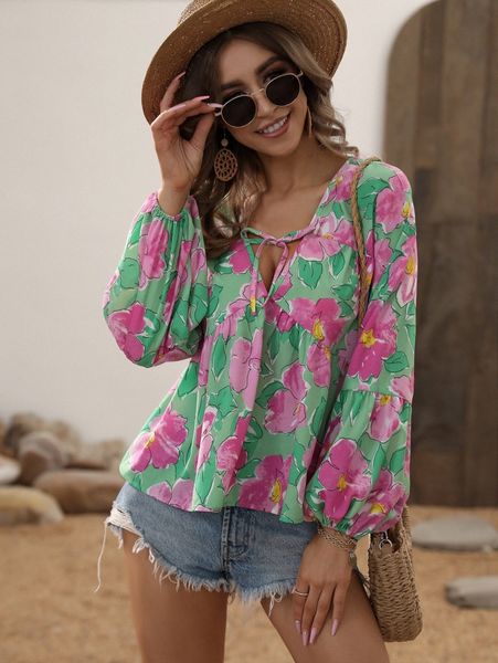 

floral print knot front lantern sleeve blouse l31z#, White