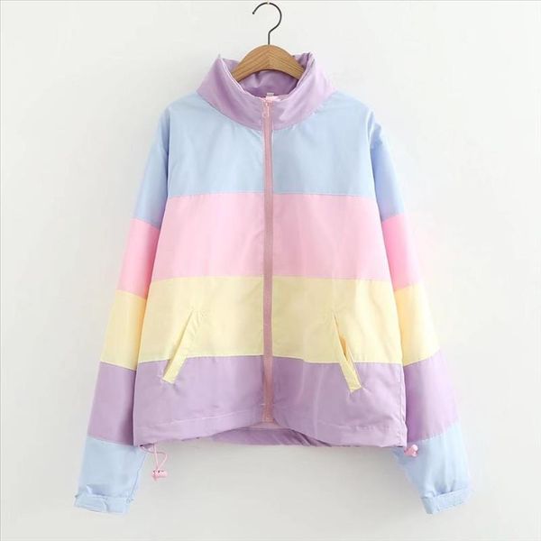 

japanese soft fresh rainbow loose jacket thin section for spring jacket 2021 pastel color windbreaker harajuku, Black;brown