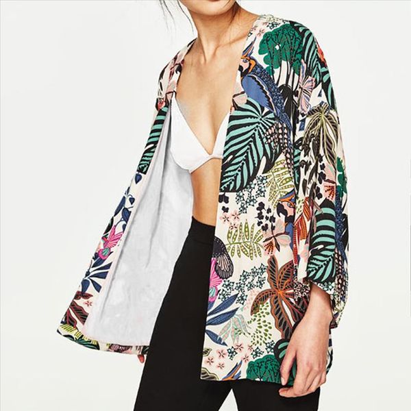 

womens floral print cardigan blouse ladies loose long sleeve chiffon kimono summer beach shirt manteau femme lr4, White