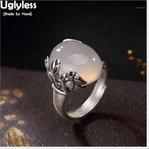 

uglyless real s 990 fine silver natural chalcedony rings for women luxury gems opening ring engraved butterfly bud leaves bijoux1, Golden;silver