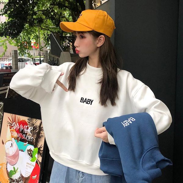 

women's sweaters houthion women sweater fashion casual temperament spring and autumn loose plus velvet round neck letter printing long, White;black