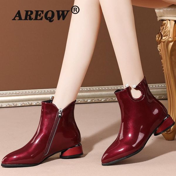 

bright pu leather ankle boots autumn winter women high thick heels ladies shoes pointed toe women boots1, Black