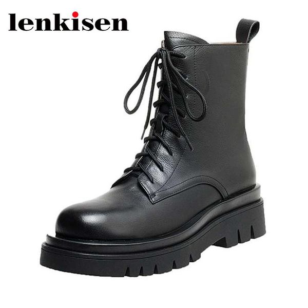 

lenkisen 2021 genuine leather round toe thick bottom british style short boots handmade young lady ankle boots l53, Black