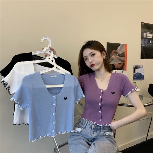 

s8ol8 kumayes embroidery round sleeve 2020 korean spring and summer new embroidered short butterfly lace butterfly neck lace slim short card, White;black