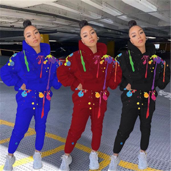 

дамы всплеск чернила два бюстье тенденции моды с длинным рукавом с капюшоном топы drawstring брюки костюм дизайнер женский новые казуальные, Gray