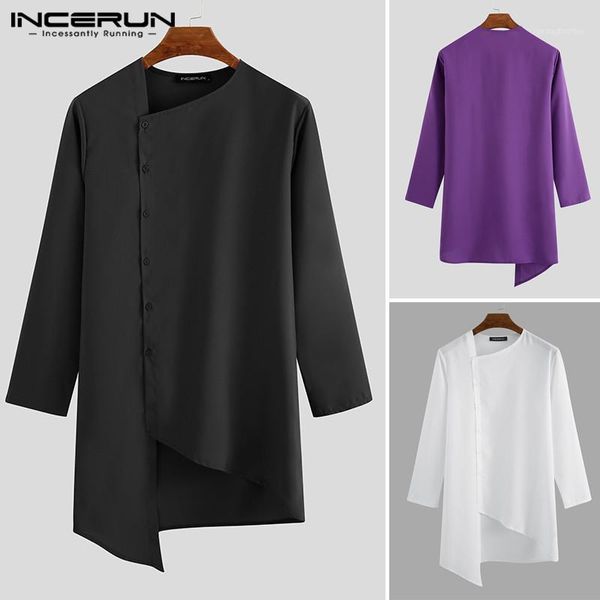 

men's casual shirts incerun men long clothes vintage sleeve button solid color irregular robe kurtas streetwear muslim 1, White;black