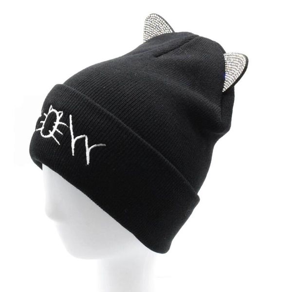 

beanie/skull caps girls animal letter embroidery beanie knit warm black heather grey winter hat cat ears 2021 women stone, Blue;gray