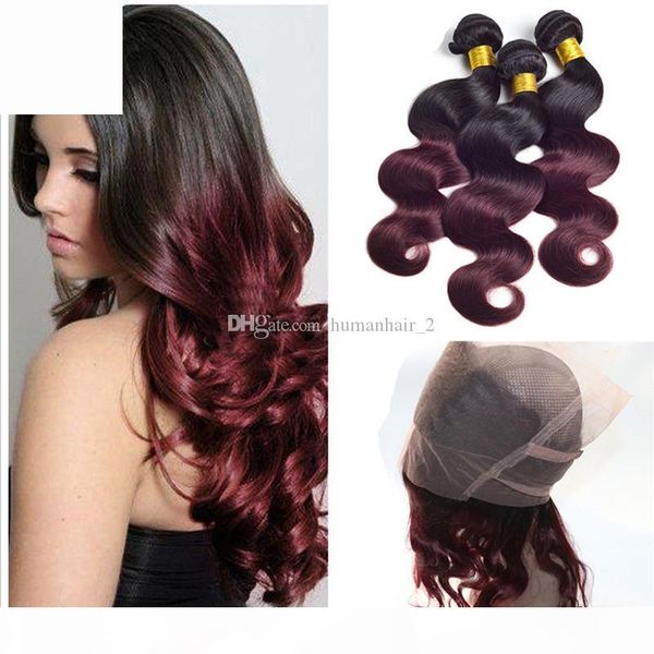 

8a ombre hair with 360 lace frontal two tone 1b 99j burgundy ombre body wave virgin human hair bundles with lace band closure, Black;brown