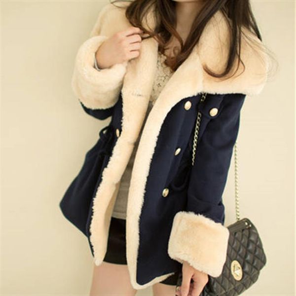 

fast shipping winter warm coats women wool slim double breasted wool coat winter jacket women fur s coat jackets, Black