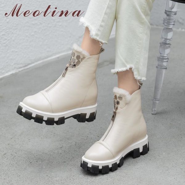 

boots meotina natural genuine leather real wool block heels ankle women snow warm zipper shoes ladies winter plus size 431, Black