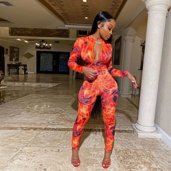 

new jumpsuits for women vintage print zipper up long sleeve bodycon skinny jumpsuit party club playsuit rompers fitness overalls1, Black;white